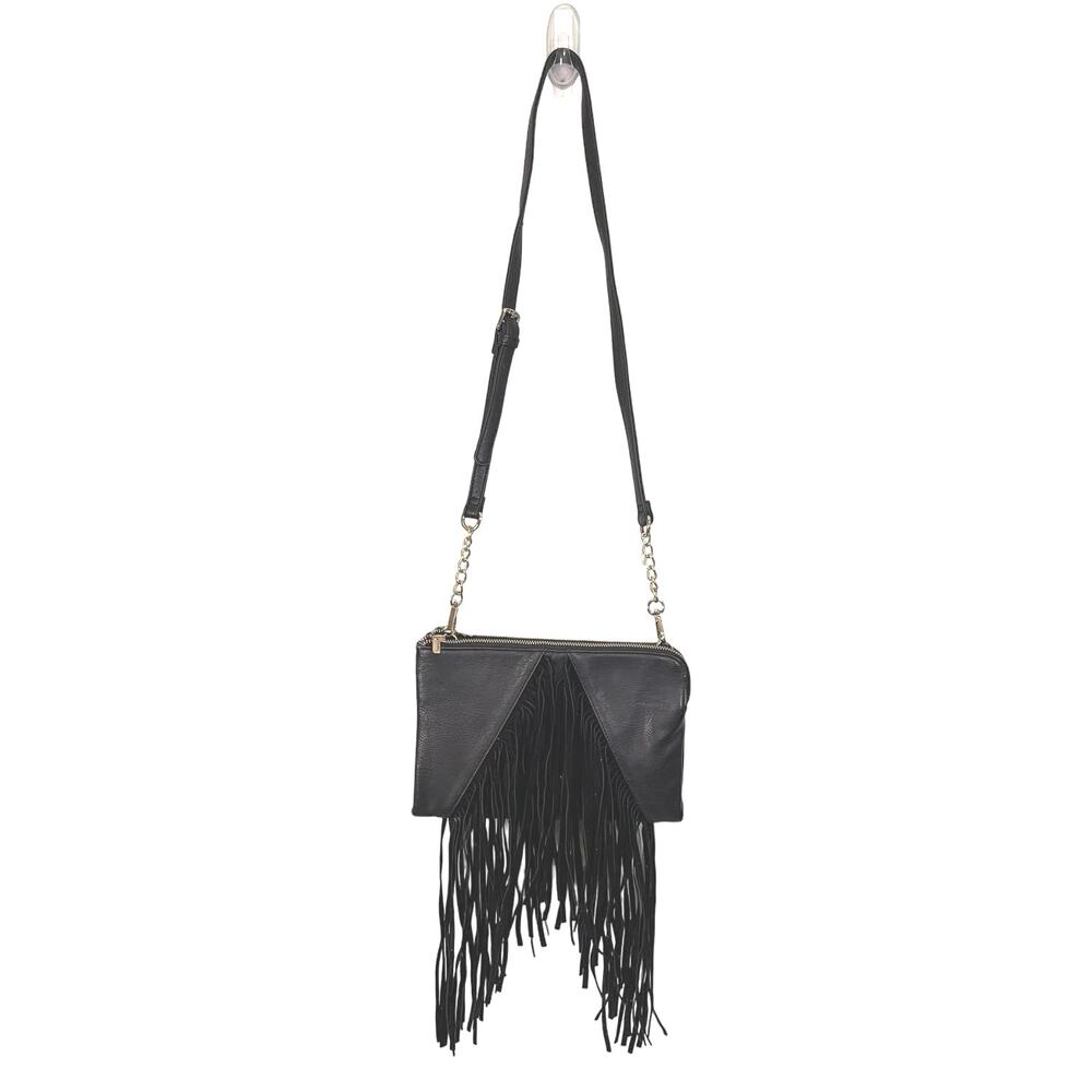 MOSHION Womens Sling Shoulder Crossbody Bag Boho Fringes Leather Gray Black